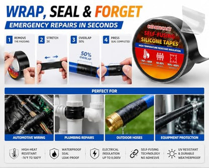 Self Fusing Silicone Tape Waterproof, Rescue Tape, 1" x 33 Feet, Self Amalgamating Tape, Silicone Rubber for Sealing Pipes, Hose Repair, Outdoor Coax and Electrical Cables - color: Black