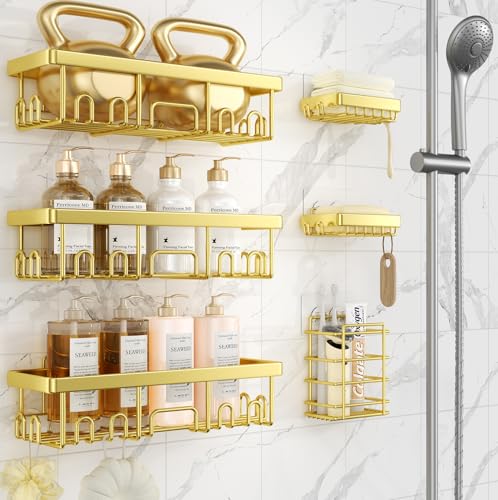 Veken Adhesive Shower Caddy 6-Pack,Gifts for Women Mom,Heavy Weight Bearing,Large Wall Mounted Bathroom Shelves Rack,Organizer Storage Accessories with Soap Dish&Toothbrush Holder,Bright Gold - color: F. Bright Gold