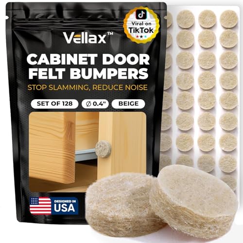 128 Cabinet Door Felt Bumpers – 0.4" Sand Beige Self-Adhesive Sound Dampening Pads for Cabinets, Furniture, Glass & Wall Protection by Vellax - size: 128 Pcs - 0.39" x 0.12"