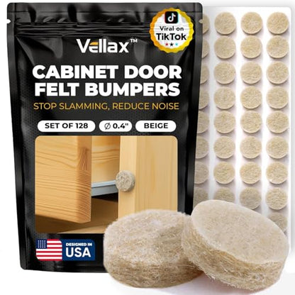 128 Cabinet Door Felt Bumpers – 0.4" Sand Beige Self-Adhesive Sound Dampening Pads for Cabinets, Furniture, Glass & Wall Protection by Vellax - size: 128 Pcs - 0.39" x 0.12"
