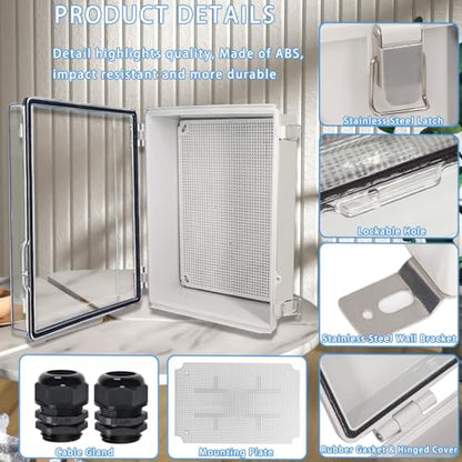 Zulkit Junction Box,IP67 Waterproof Electrical Box Hinged Clear Cover Stainless Steel Buckle Plastic Enclosure for Project w Mounting Plate Wall Bracket and 2 Cable Gland 15"x11"x5.1"/380x280x130mm - color: Clear Cover, size: 15"x11"x5.1"