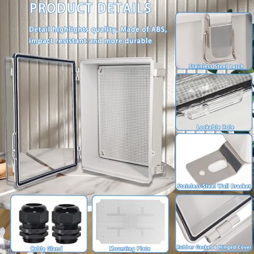 Zulkit Junction Box,IP67 Waterproof Electrical Box Hinged Clear Cover Stainless Steel Buckle Plastic Enclosure for Project w Mounting Plate Wall Bracket and 2 Cable Gland 15"x11"x5.1"/380x280x130mm - color: Clear Cover, size: 15"x11"x5.1"