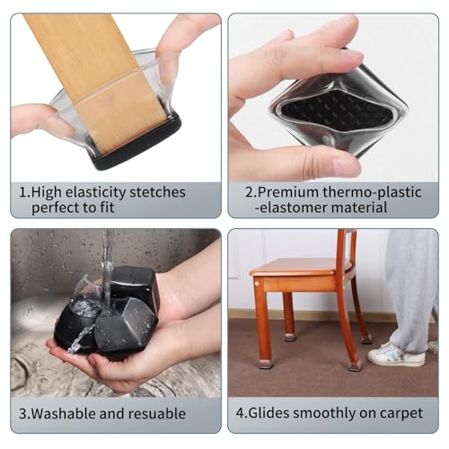 Ezprotekt Chair Leg Sliders for Carpet, 8 Pcs Square Chair Glides for Carpet, Carpet Furniture Pads Stool Leg Protectors Caps, Carpet Furniture Glides Quickly and Easily (XL Fit: 1.5" - 2") - size: Clear - XL