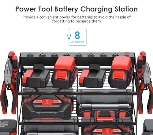 CCCEI Garage Tools Storage with Charging Station. Power Tool Battery Organizer Utility Shelf with Power Strip. 4 Drills Holder Wall Mount Rack, Black 4 Layer. - size: Small, style: 4 Layer