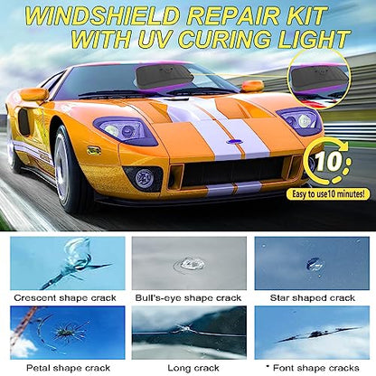 CLAMPER Windshield Repair Kit, Windshield Crack Repair Kit 4 Pcs, Windscreen Repair Kit with Enhanced Injection Head Suction Cup UV Curing Light, Windshield Chip Repair Kit for Bulls-Eye (Yellow)