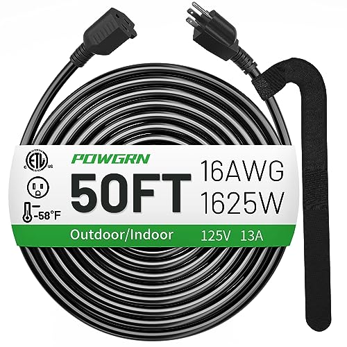 POWGRN 50 FT 16/3 Black Indoor Outdoor Extension Cord Waterproof, 3 Prong Flexblie SJTW Cold Weatherproof -50°C Appliance Extension Cord 13 AMP 1625W 16AWG Electric Cable, ETL Listed - size: 50FT