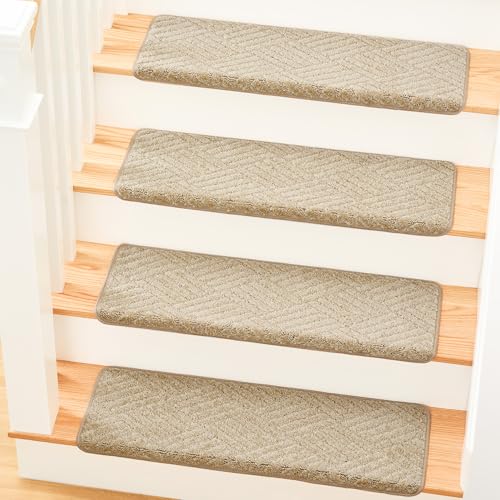 MBIGM Bullnose Non-Slip Stair Treads w/Reusable Adhesive 14 Pack 9.5" x 30" Wooden Steps Protection - TPU Backing with Steel Reinforcement - Anti-Slip Solution Basketweave Beige Non Slip Stair Tread - color: Beige - Basketweave