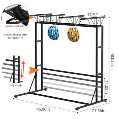 OYEAL Vertical Bike Stand, Free Standing Bike Rack Garage with 6 Hooks, Indoor/Outdoor Floor Bike Storage for 3 Adult Mountain/Road &1 Kids Bikes, Max Tire Width 2.6”, Black