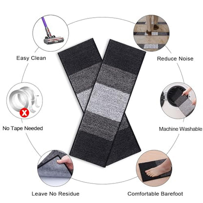 OLANLY Stair Treads Non Slip 15PCS, 8" x 30" Indoor Stair Runners for Wooden Steps, Edging Stair Rugs with Reusable Peel and Stick Adhesive for Kids Elders and Pets, Black - color: Black