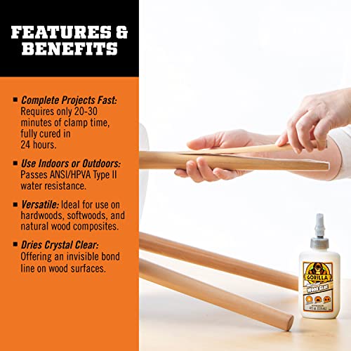 Gorilla Dries Clear Wood Glue, 4 Ounce Bottle (Pack of 2) - Water Resistant for Indoor or Outdoor Projects and Repairs - style: Clear