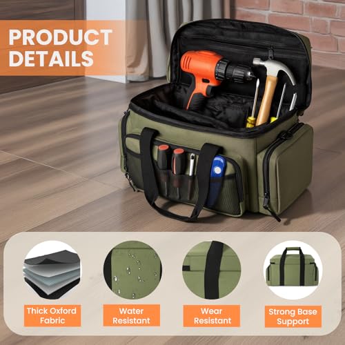 VJI Heavy Duty Tool Bag with Multi-Pockets, Portable Storage Bag with Large Zipper, Carrying Toolbag with Adjustable Shoulder Strap and Ergonomic Handle, Repairman, Carpenters, Handyman, Green - color: Green