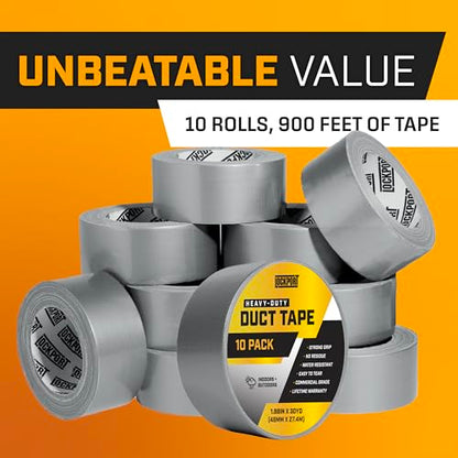 Lockport Duct Tape Heavy Duty Waterproof - 10 Roll Pack Silver Duct Tape Bulk - 30 Yards x 2 Inch - No Residue, Flexible, Strong, All- Weather Resistant and Easy Tear - Grey Heavy Duty - size: “10 Pack”