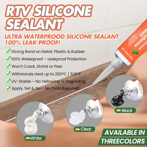 RTV Silicone Sealant Adhesive, 100% Waterproof Silicone Caulk, Strong Adhesion, Shrink & Crack Resistant, All-Purpose Caulk for Car, Kitchen, Bathroom, Window & Door Sealing – 1.8 Fl. Oz (Clear) - color: Clear