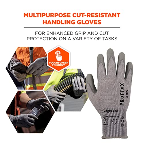 Ergodyne ProFlex 7024 Cut Resistant Work Gloves, ANSI A2, PU Coated Palms for Flexible No Slip Grip, Abrasion Resistant, 13g, Touchscreen Capable, Gray, Medium - size: Medium