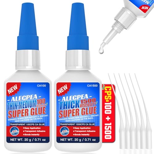 40g(1.4oz) 100/1500 CPS (Thin/Thick) CA Glue, Cyanoacrylate Super Glue for Wood, Glass, Metal, Paper, Leather, Plastic, Ceramic, Rubber, Jewelry, Woodworking, Hobby Models, and Craft Project - size: Clear/100CPS+1500CPS