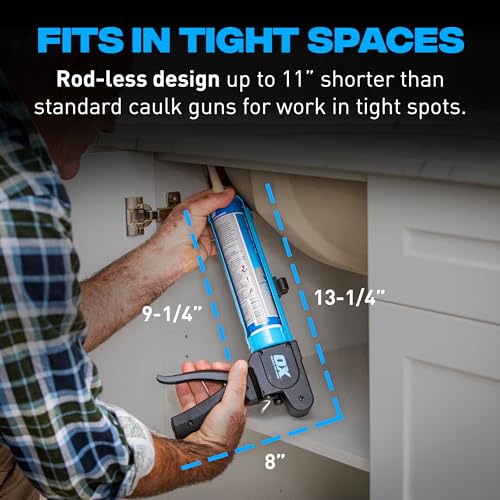 OX Pro Compact Caulk Gun - 10 oz Rodless Manual Caulking Gun Tool - 7:1 Thrust Ratio Designed for Tight Spaces, Includes Belt Clip - Pistola De Silicona - size: 10 oz - Rodless