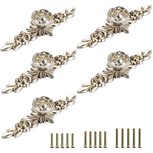 JUXYES Pack of 5 Euro Rose Decorative Cabinet Knobs with Plate, Floral Ivory Drawer Knob Cupboard Door Knobs, Ivory White Drawer Pulls Cabinet Handle Knobs for Dresser Cabinet - color: Antique Silver, size: Large