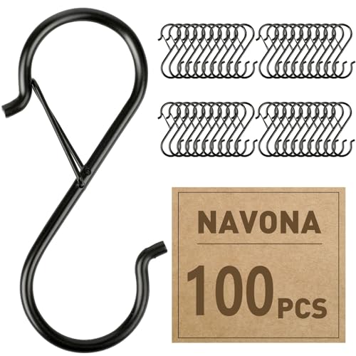 100 Pcs S Hooks for Hanging Heavy Duty, 3.5-inch Heavy Duty Metal S Hook with Safety Buckle, Suitable for 0.5 inch Rods, S Hook for Hanging Plants, Closet, Kitchen Utensil, Pot, Pan, Bags - size: 100pcs