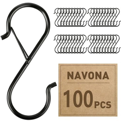 100 Pcs S Hooks for Hanging Heavy Duty, 3.5-inch Heavy Duty Metal S Hook with Safety Buckle, Suitable for 0.5 inch Rods, S Hook for Hanging Plants, Closet, Kitchen Utensil, Pot, Pan, Bags - size: 100pcs