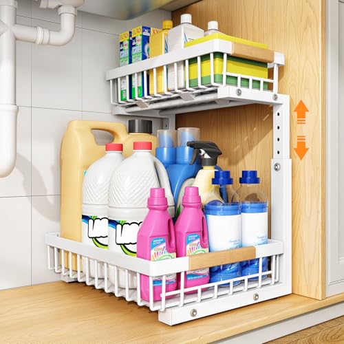 PXRACK Under Sink Organizer, Adjustable Height, 2 Tier Pull Out Under Cabinet Organizer, Slide Out Thickened Metal Under Sink Storage for Kitchen Bathroom Laundry Pantry Cabinet, White, Large-1-Pack - color: White, size: Large-1-Pack