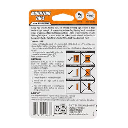 Gorilla® Max Strength Mounting Tape, Double-Sided, Instant Hold, Permanent Bond with Reinforced Strength, 1 inch x 60 inches, Black (Pack of 1) - size: 60 inches, style: 1 - Pack