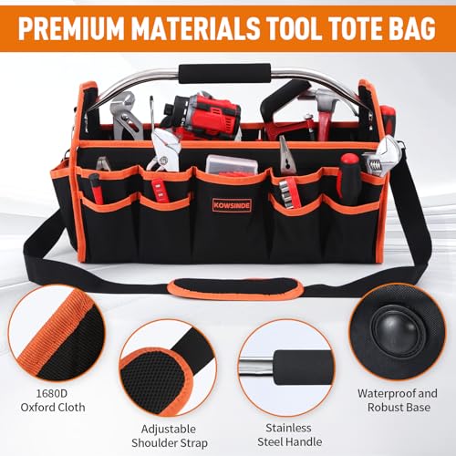 Kowsinde 18 Inch Tool Bag, Electrician Tool Bag, Open Top Tool Bags, 26 Pockets Can Hold Many Tools, Steel Handle and Removable Shoulder Strap - color: Orange