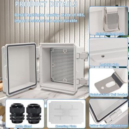 Zulkit Junction Box,IP67 Waterproof Electrical Box Hinged Cover Stainless Steel Latch Plastic Enclosure for Project with Mounting Plate Wall Bracket and 2 Cable Gland Grey 5.9"x5.9"x3.5"(150x150x90mm) - color: Grey Cover, size: 5.9"x5.9"x3.5"