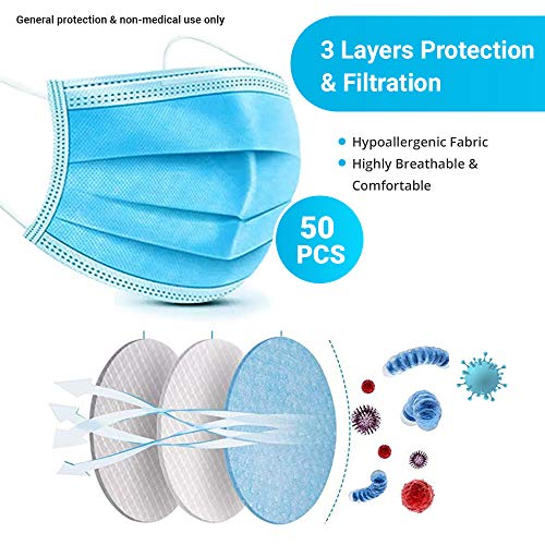 ITA-MED 3 Ply Disposable Face Masks, Protective and Breathable, 50 Count, Blue