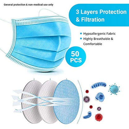 ITA-MED 3 Ply Disposable Face Masks, Protective and Breathable, 50 Count, Blue