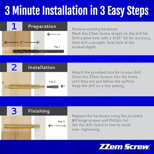 12-PK - #9x3 Brass Screws Permanent Door Hinge Repair Kit – Easy Stripped Screw Hole Fix – Reinforce Hinges, Strike Plates & Door Jamb – Quickly Fix Stripped Hinge Screws - Made in USA