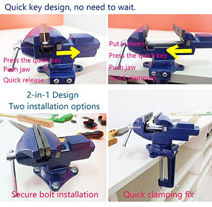 Dual-Purpose Combined Bench Vise or Table Vise, multifunctional jaw, Universal Rotate 360° Work Clamp-On Visewith Quick Adjustment, 3.3" Blue - style: 3.3" Blue