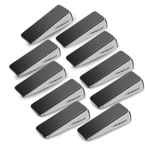 Strongest Home Heavy Duty Door Stopper Wedge (10 Chrome PCs) | Non-Slip Rubber and Metal Door Stop for Heavy Doors| Work on Wood, Tile, Carpet + 10 White Wall Protectors - color: Black Silver, size: 10 Pack