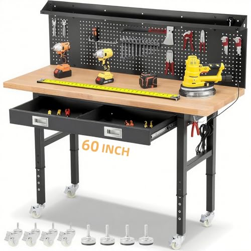 ENJOYWOOD Work Bench with Wheels 60 x 22 Inch Heavy Duty Rubberwood Tabletop Work Table Adjustable Height Garage Workbench with LED, Drawers, Pegboard, Power Outlets for Woodworking Shop, Home, Office - size: Medium