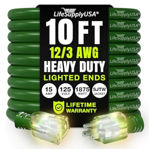 10ft Outdoor/Indoor Extension Cord 12/3 Gauge Extra Heavy Duty 3 Prong SJTW, Waterproof, Flexible Cold-Resistant Long Power Cord,15A 125V 1875W, Green by LifeSupplyUSA - color: Green, size: 10 FT, style: 12AWG