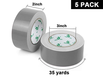 BOMEI PACK 5 Rolls Silver Duct Tape Heavy Duty Waterproof, Strong Adhesive Gray Duct Tape Bulk for Indoor Outdoor Repairs, Tear by Hand - 35 Yards x 2 Inches - color: silver