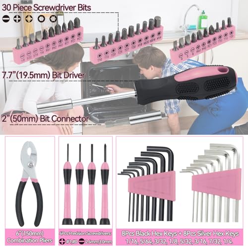 MARTCOLOR 58 Piece Household Tool Set, General Household Hand Tool Kit with Plastic Toolbox Storage Case, All Purpose Household Tool Kit for Women, Girls and Ladies, Pink - color: Pink