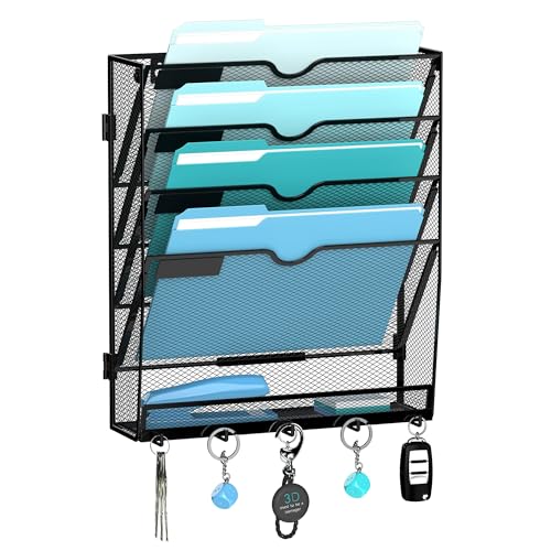 5 Tier Wall File Organizer - Hanging File Organizer with 5 Hooks, Mail Holder Wall Mounted for Papers, Folders, Magazines, Bills, Office&School Organization, Black - size: 5 Tier-Black