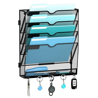 5 Tier Wall File Organizer - Hanging File Organizer with 5 Hooks, Mail Holder Wall Mounted for Papers, Folders, Magazines, Bills, Office&School Organization, Black - size: 5 Tier-Black