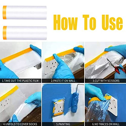 Tape and Drape, Pre-Taped Masking Film, 2 Rolls Automotive Best Tape and Drape Painters Paper, Paint Adhesive Protective Film Roll for Covering Skirting, Frames, Cars and Auto Body (59inchs x 65 feet) - size: 59 inches x 65 feet