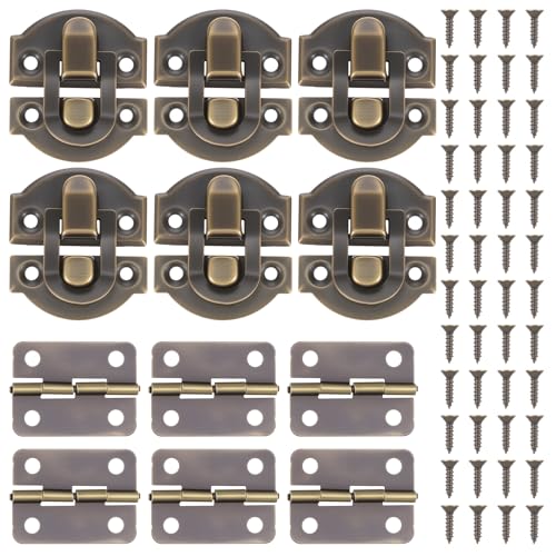 Antique Bronze Wooden Box Hinges and Latches, 6 Sets Hasp with Matching Screws Kit Antique Bronze Jewelry Box Hardware Retro Small Hinges DIY Project Jewelry Small Cabinet Wooden Craft Rep