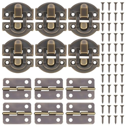 Antique Bronze Wooden Box Hinges and Latches, 6 Sets Hasp with Matching Screws Kit Antique Bronze Jewelry Box Hardware Retro Small Hinges DIY Project Jewelry Small Cabinet Wooden Craft Rep