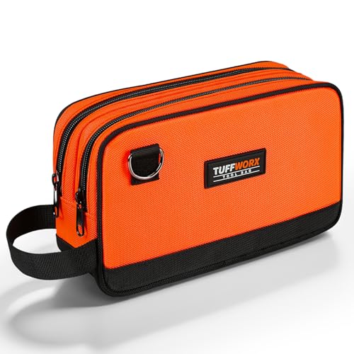 Tool Bag, 12" Small Tool Pouch Waterproof 600D Dual Compartments Tool Organizers and Storage Box,Electrician Mechanic Men Dad Gifts (Orange) - color: Orange