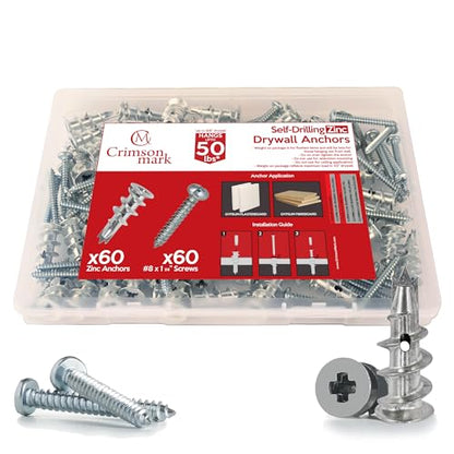 CrimsonMark 120Pcs Zinc Self Drilling Drywall Anchors and Screws kit #8 x 1-1/4”- Metal Wall Anchors for Drywall Heavy Duty, Holds Upto 50lbs – No Drill Hole Required with Dry Wall Screws and Anchors