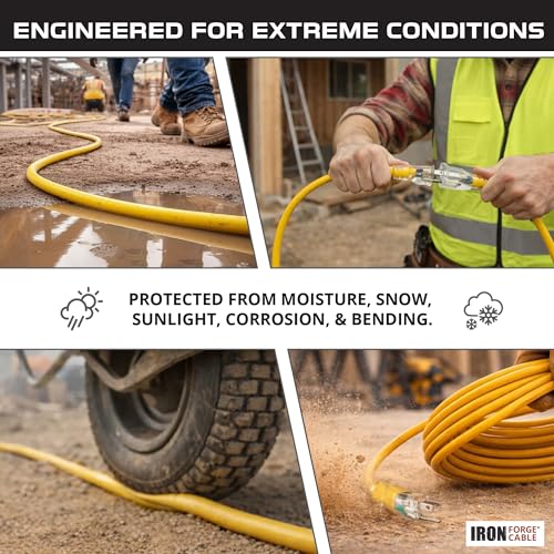Iron Forge Cable 50 Foot Lighted Outdoor Extension Cord - 12/3 SJTW Heavy Duty Yellow Extension Cable with 3 Prong 15 AMP Grounded Plug for Safety - size: 50FT