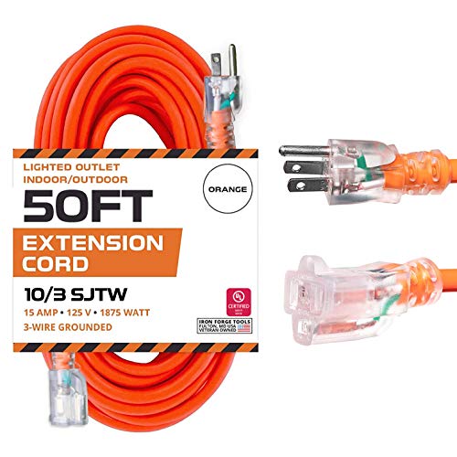 Iron Forge Cable Lighted Outdoor Extension Cord 50 Ft - 10 Gauge Heavy Duty Extension Cord, 15 AMP, 10/3 Orange Power Cable SJTW Weatherproof 3 Prong - color: Orange, size: 50 Foot