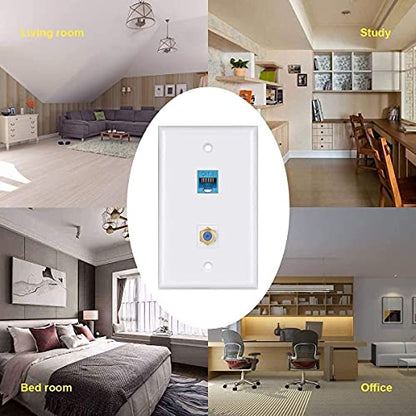 Ethernet Coax Wall Plate 2Pack,1 Cat6 Ethernet Port and 1 Gold-Plated Cable TV Coax F Type Port Wall Plate (White)