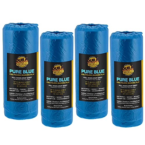 Dura-Gold Pure Blue Pre-Folded Masking Film, (4 Pack of 24, 48", 72", 95") Painters Plastic Roll, Pull Down Drop Sheet, Pre-Folded Plastic Sheeting for Painting Protection on Auto, Walls, Furniture - size: 24, 48, 72, 95-inch