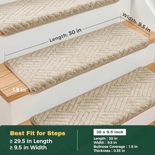 MBIGM Bullnose Non-Slip Stair Treads w/Reusable Adhesive 14 Pack 9.5" x 30" Wooden Steps Protection - TPU Backing with Steel Reinforcement - Anti-Slip Solution Basketweave Beige Non Slip Stair Tread - color: Beige - Basketweave