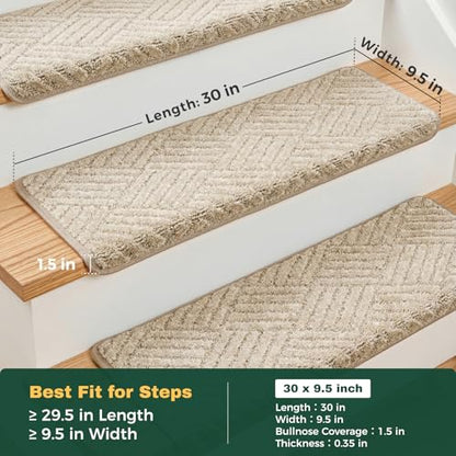MBIGM Bullnose Non-Slip Stair Treads w/Reusable Adhesive 14 Pack 9.5" x 30" Wooden Steps Protection - TPU Backing with Steel Reinforcement - Anti-Slip Solution Basketweave Beige Non Slip Stair Tread - color: Beige - Basketweave
