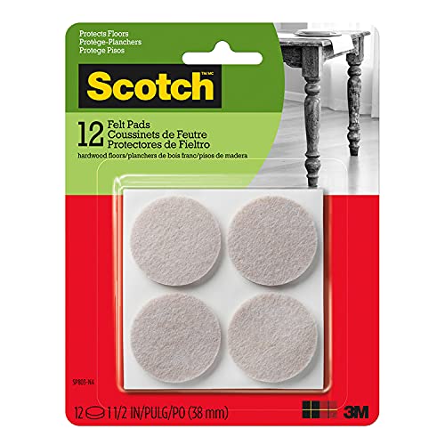 Scotch Felt Pads 12 PCS Beige, Felt Furniture Pads for Protecting Hardwood Floors, 1.5" inch Round, Easy-to-apply, Self-Stick design, Reliable protection from nicks, dents and scratches (SP803-NA) - size: 1.5" Round